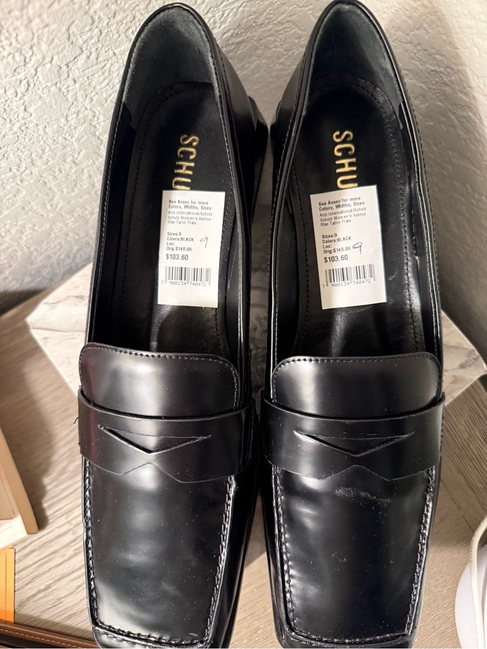SCHUTZ Black Patent Penny Loafers